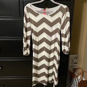 Brown and white chevron dress, long sleeve with tie belt, size small